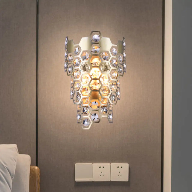 Champagne Hexagon-Crystal Wall Sconce With 3 Tapered Bulbs - Contemporary Flush Mount Light
