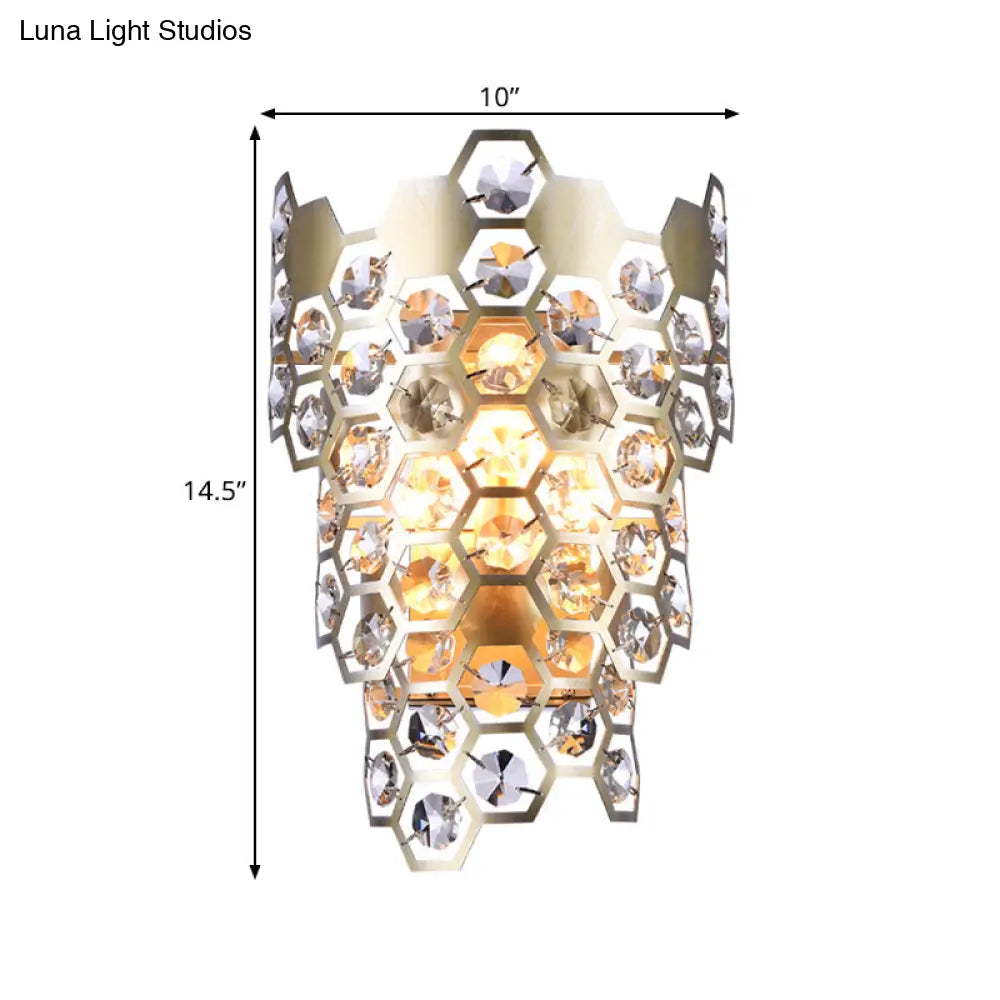 Champagne Hexagon-Crystal Wall Sconce With 3 Tapered Bulbs - Contemporary Flush Mount Light