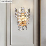 Champagne Hexagon-Crystal Wall Sconce With 3 Tapered Bulbs - Contemporary Flush Mount Light