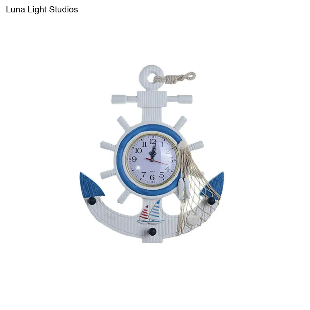 Child Bedroom Nautical Blue Anchor Rudder Wall Light With Clock - Stylish Wood Lamp