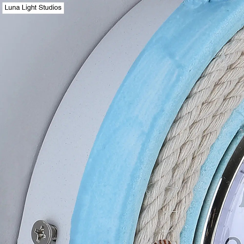 Child Bedroom Nautical Blue Anchor Rudder Wall Light With Clock - Stylish Wood Lamp