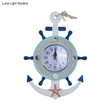 Child Bedroom Nautical Blue Anchor Rudder Wall Light With Clock - Stylish Wood Lamp