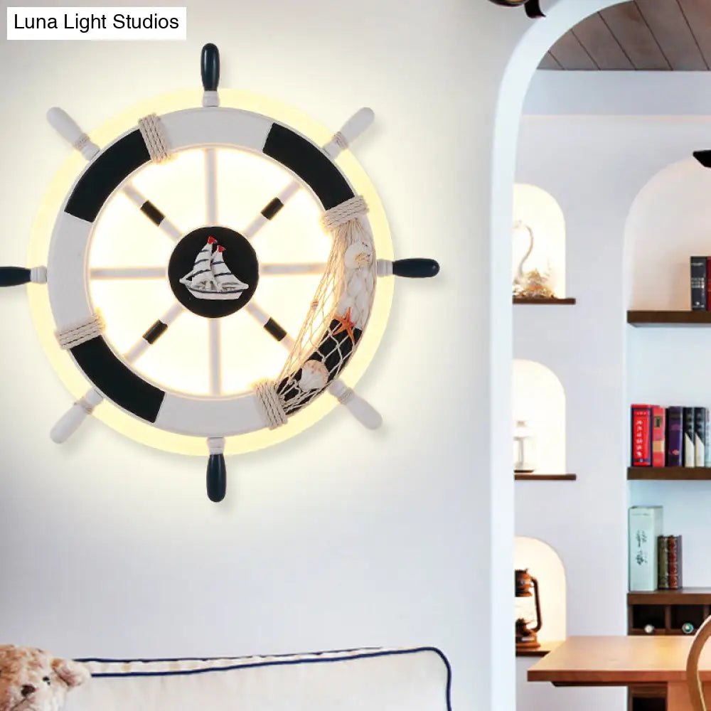 Child-Friendly Cartoon Rudder Wall Light - White Wood Led Sconce For Nurseries And Shops