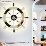 Child-Friendly Cartoon Rudder Wall Light - White Wood Led Sconce For Nurseries And Shops
