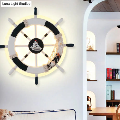 Child-Friendly Cartoon Rudder Wall Light - White Wood Led Sconce For Nurseries And Shops