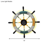 Child-Friendly Cartoon Rudder Wall Light - White Wood Led Sconce For Nurseries And Shops