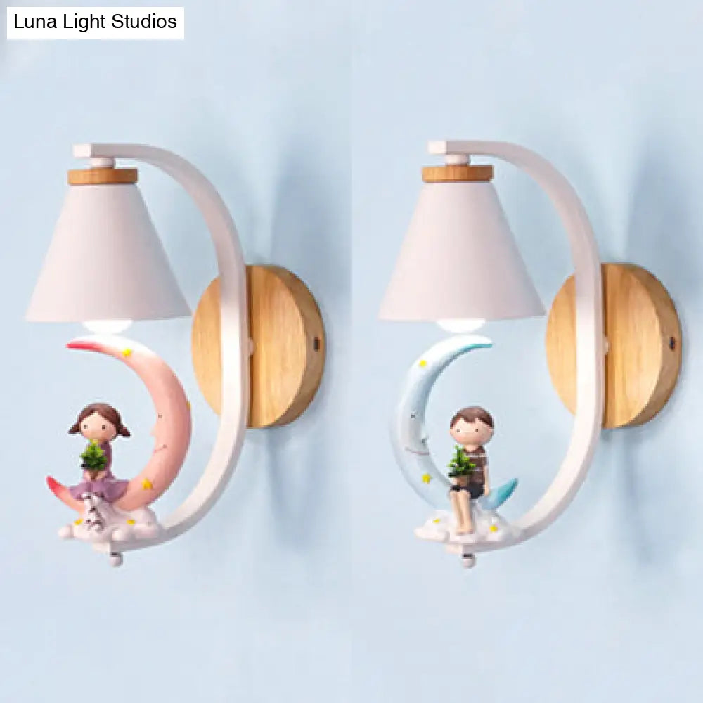 Child & Moon Coolie Wall Light - Cartoon Resin Sconce For Nursing Room