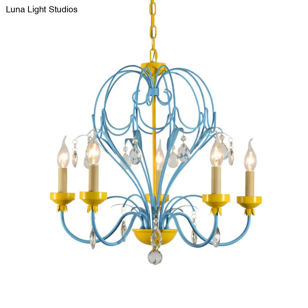 Children’s Macaron Candle Chandelier Lamp With Crystal Drop - Yellow/Blue Metallic Finish 5 Lights