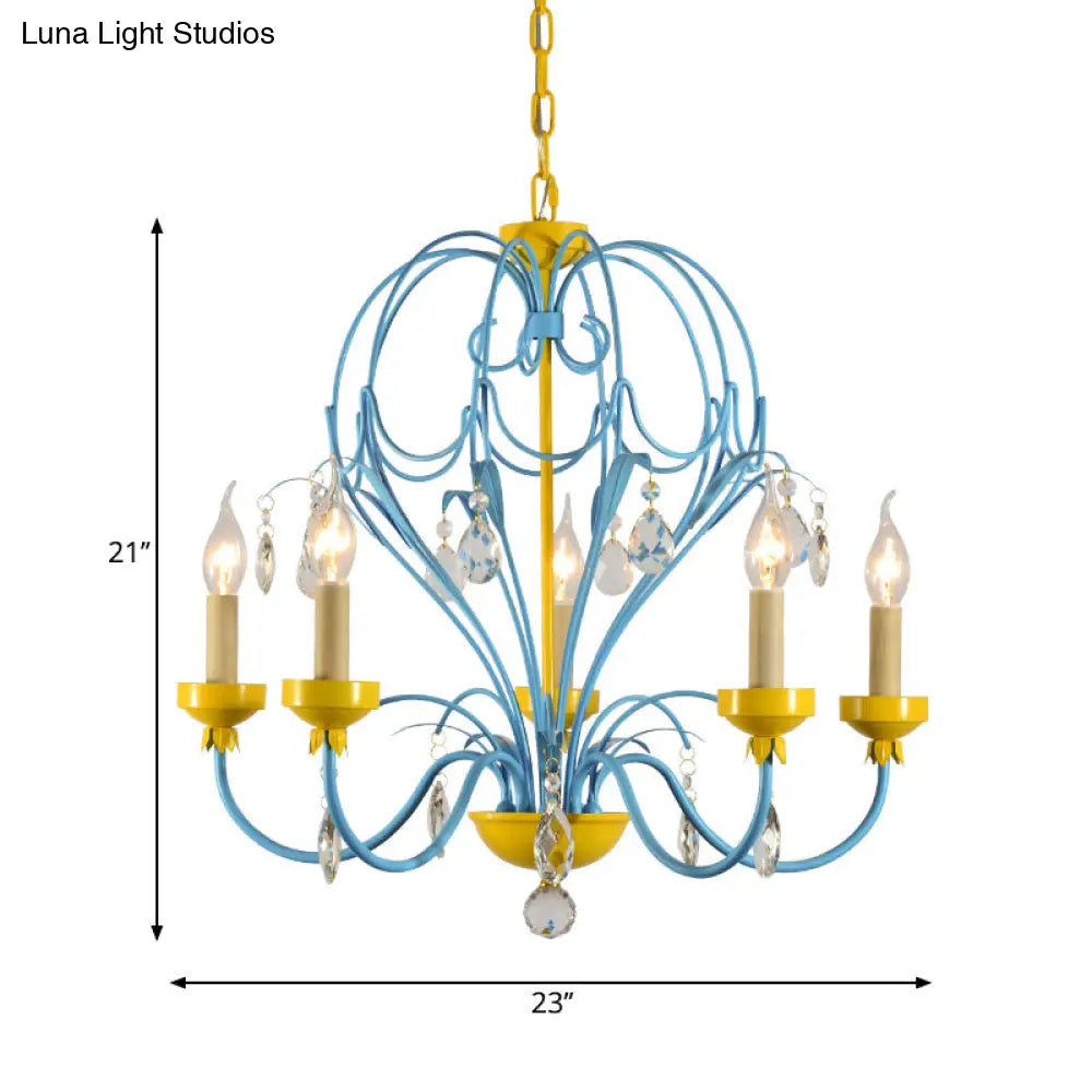 Children’s Macaron Candle Chandelier Lamp With Crystal Drop - Yellow/Blue Metallic Finish 5 Lights