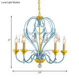 Children’s Macaron Candle Chandelier Lamp With Crystal Drop - Yellow/Blue Metallic Finish 5 Lights