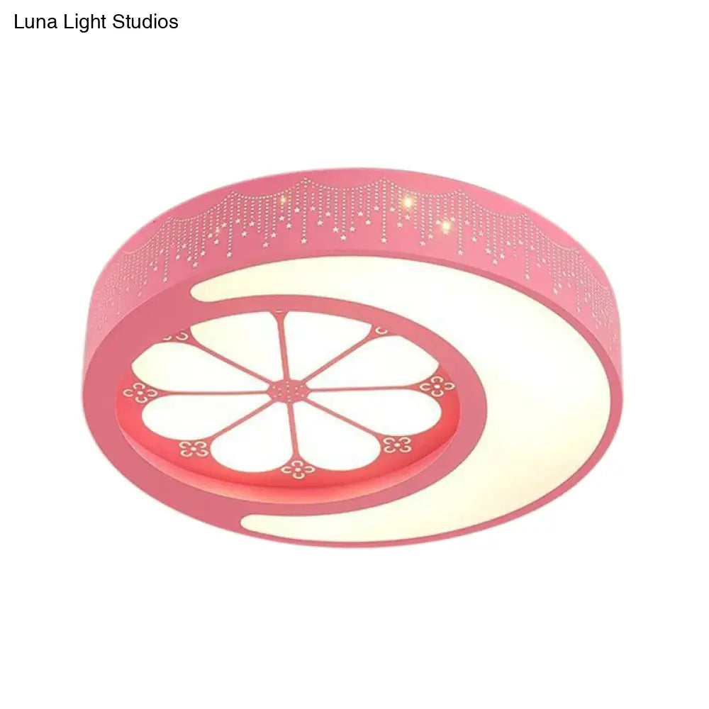 Children’s Metallic Ceiling Lamp: Circular Led Flush Mount Light With Crescent And Flower Design