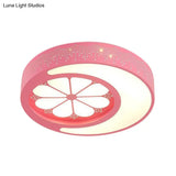 Children’s Metallic Ceiling Lamp: Circular Led Flush Mount Light With Crescent And Flower Design