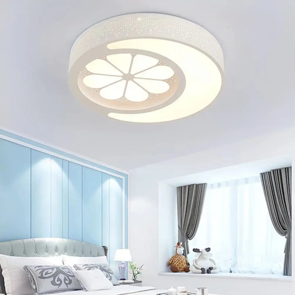 Children’s Metallic Ceiling Lamp: Circular Led Flush Mount Light With Crescent And Flower Design
