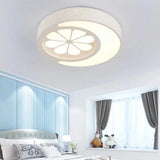 Children’s Metallic Ceiling Lamp: Circular Led Flush Mount Light With Crescent And Flower Design