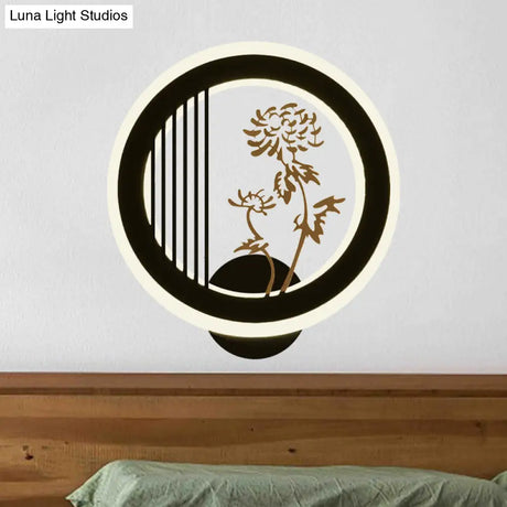 Chinese Acrylic Led Wall Light Fixture In Black For Living Room Décor With Chrysanths/Orchid Flower