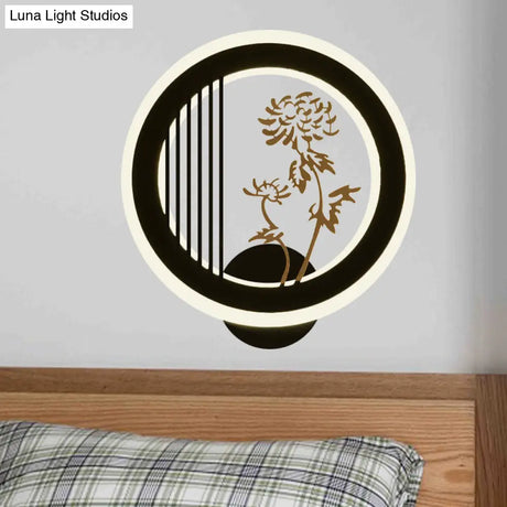 Chinese Acrylic Led Wall Light Fixture In Black For Living Room Décor With Chrysanths/Orchid Flower