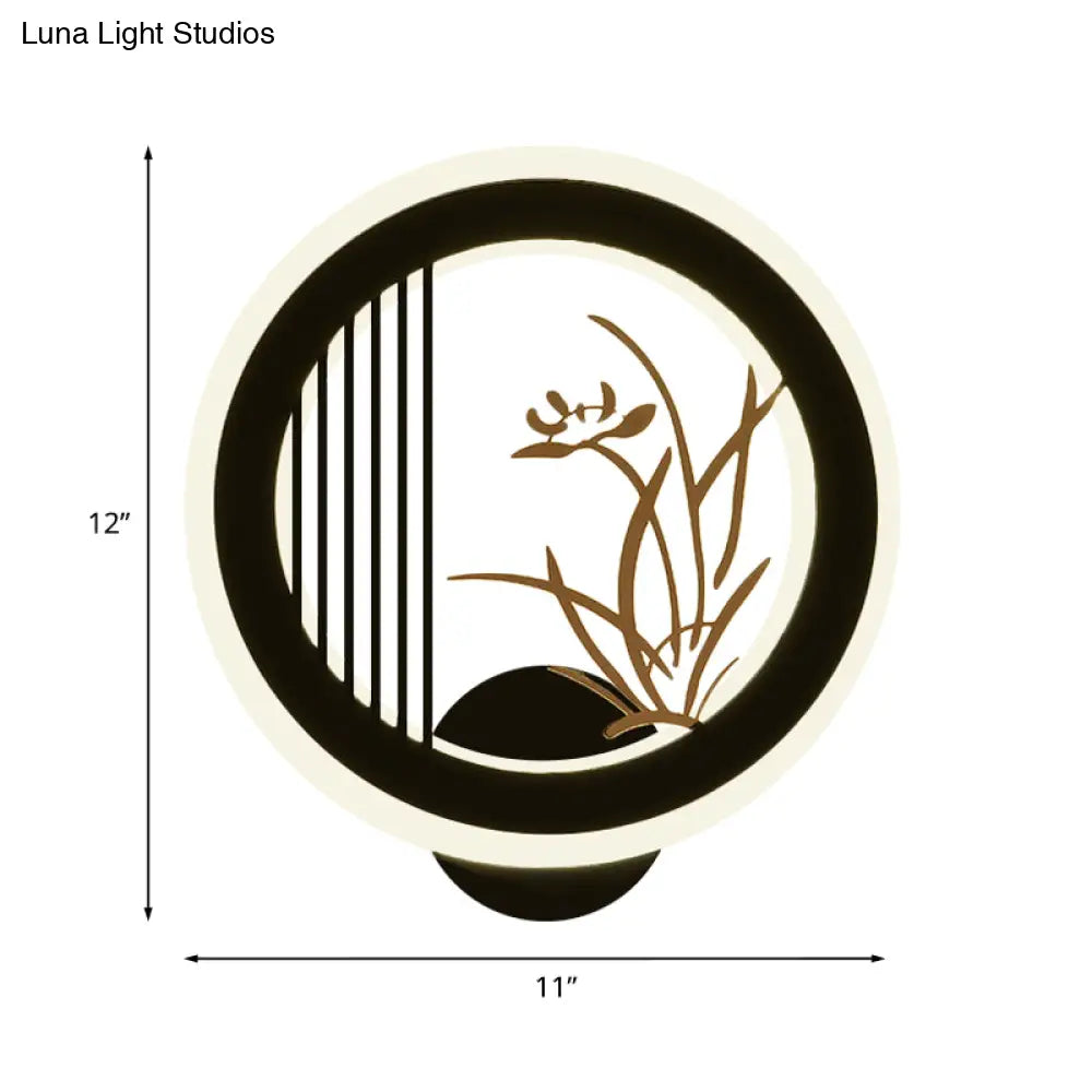 Chinese Acrylic Led Wall Light Fixture In Black For Living Room Décor With Chrysanths/Orchid Flower