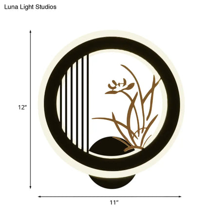 Chinese Acrylic Led Wall Light Fixture In Black For Living Room Décor With Chrysanths/Orchid Flower