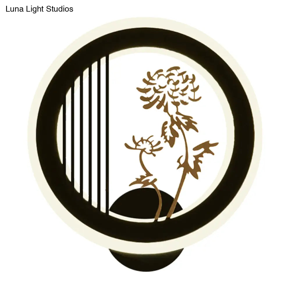 Chinese Acrylic Led Wall Light Fixture In Black For Living Room Décor With Chrysanths/Orchid Flower
