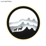 Chinese Acrylic Round Wall Light With Led-Illuminated Deer And Mountain Mural In Black White