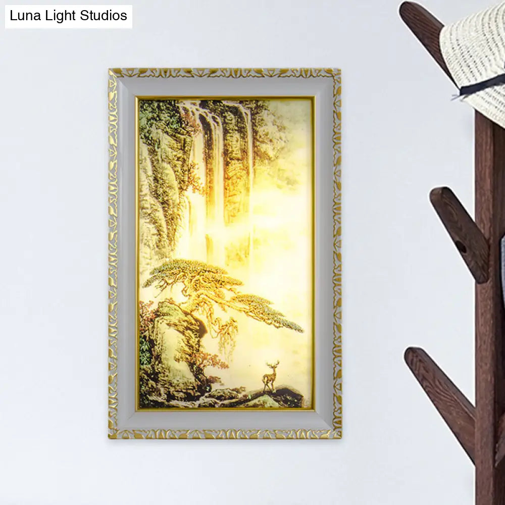 Chinese Acrylic Wall Mural Light - Led Gold Lighting With Pine Tree And Waterfall Pattern