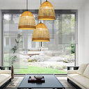 Chinese Bamboo Hand-Twisted Bell Ceiling Pendant Lamp - Single Beige 16’/19.5’ Width Living