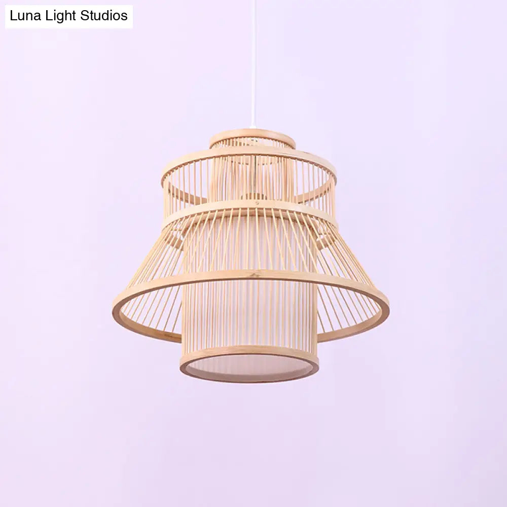 Chinese Bamboo Hanging Light: Flared Wood Design With 1 Bulb For Tearoom