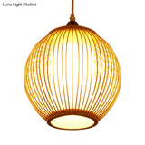 Chinese Bamboo Lantern Pendant Light With Beige Shade For Ceiling