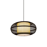 Chinese Bamboo Pendant Lamp With Ancient Riverside Town Print - Black Oval Ceiling Hanging Lantern