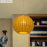 Chinese Beige Bamboo Pendant Light With Globe Shade - Restaurant Quality