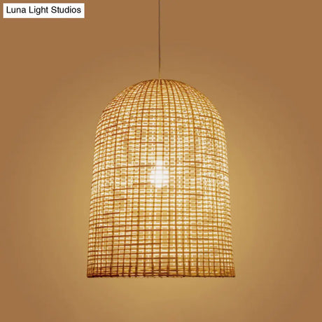Chinese Beige Pendant Lighting With Bamboo Shade - 1-Light Restaurant Ceiling