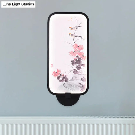 Chinese Black Led Wall Sconce With Metallic Chrysanths/Lotus Mural Lighting - Perfect For Your