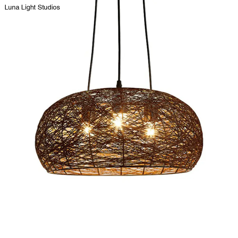 Chinese Dome Rattan Chandelier With 3 Pendant Lights For Restaurants