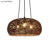 Chinese Dome Rattan Chandelier With 3 Pendant Lights For Restaurants