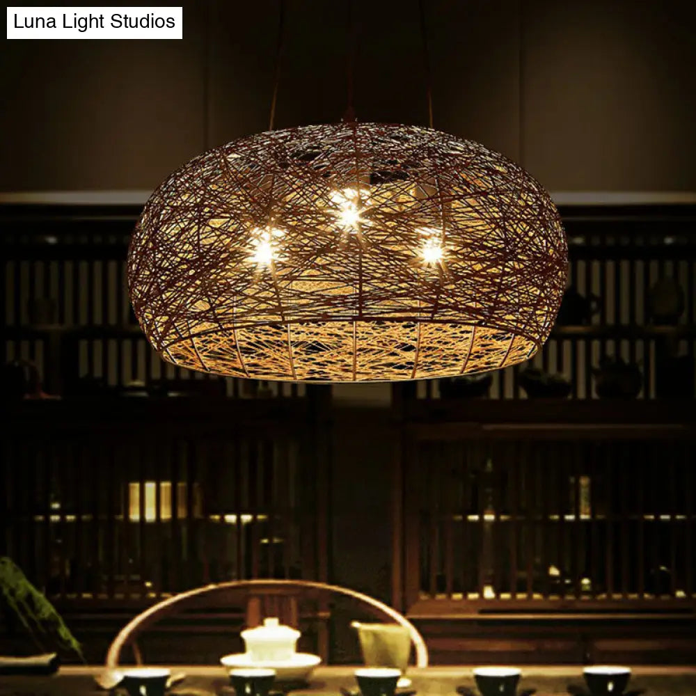 Chinese Dome Rattan Chandelier With 3 Pendant Lights For Restaurants