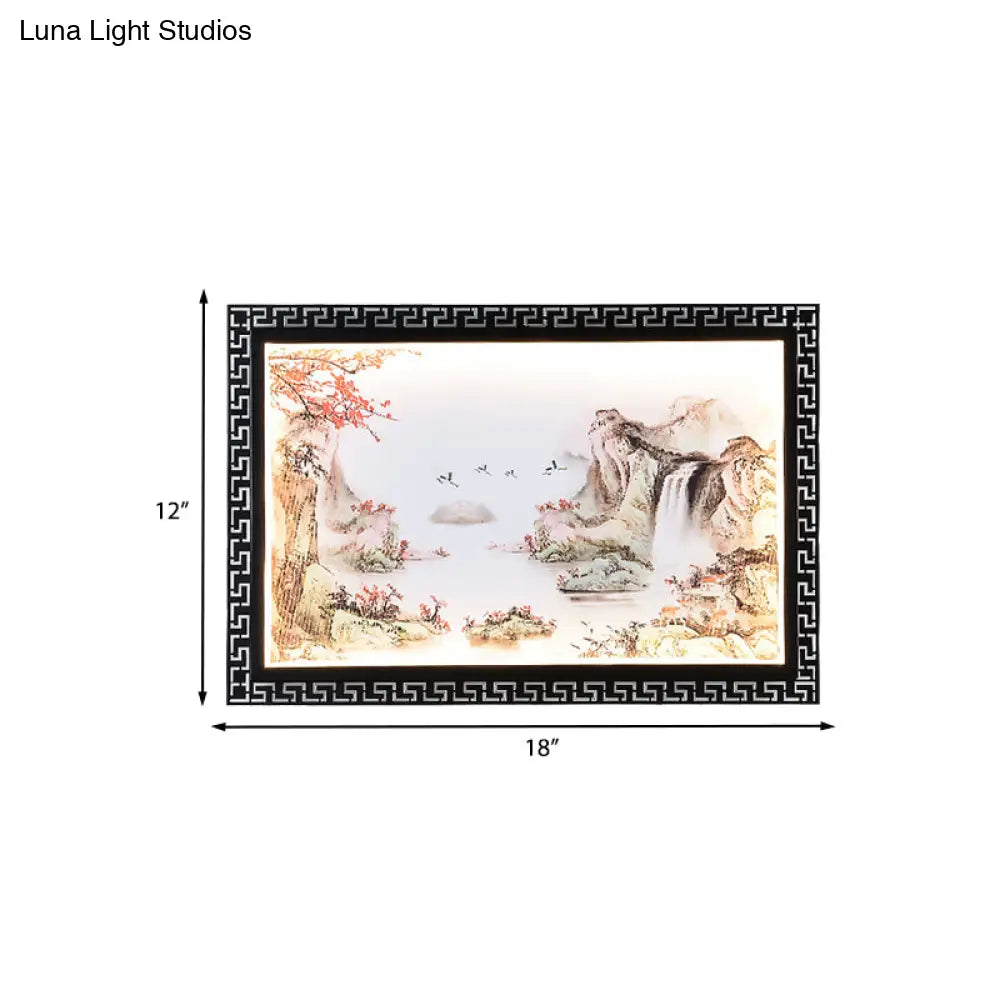 Chinese Fabric Led Wall Sconce: Paradise/Misty Mountain Black Mural Lighting For Home Décor