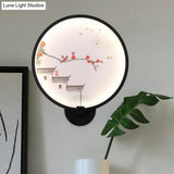 Chinese Ink House/Lotus Mural Led Circle Wall Sconce Light In Black - Acrylic Bedroom