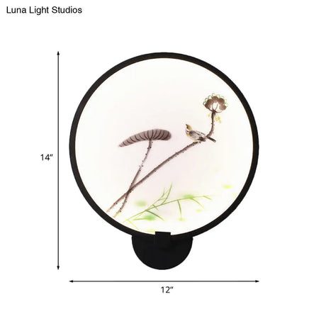 Chinese Ink House/Lotus Mural Led Circle Wall Sconce Light In Black - Acrylic Bedroom