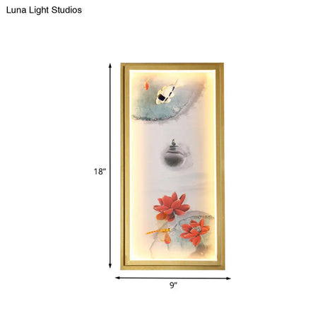 Chinese Ink Village Lotus Mural Lamp - Fabric Led Wall Mount Light In Gold For Family Room