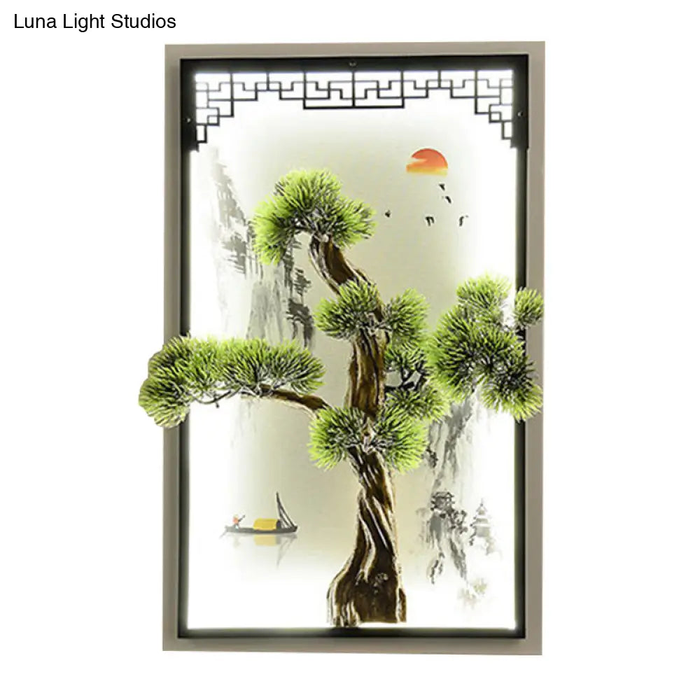 Chinese Landscape Pine Tree Iron Mural Sconce Light With Led Flush Mount - Green Decor