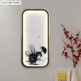 Chinese Lotus Led Wall Light In Black/Gold: Square/Rectangle Metallic Mural Lighting