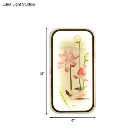 Chinese Lotus Pond Mural Led Wall Mounted Light Fixture In Black - Fabric For Sitting Room