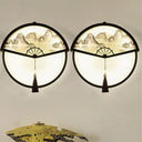 Chinese Metal Black Fan-Shaped Led Wall Lamp With Mountain Scene Mural Light And Tassel Knot Accent