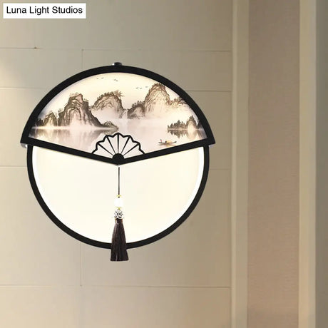 Chinese Metal Black Fan-Shaped Led Wall Lamp With Mountain Scene Mural Light And Tassel Knot Accent