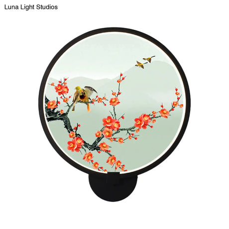 Chinese Metal Led Wall Lamp With Circular Natural View - Black Mural Light For Bedroom