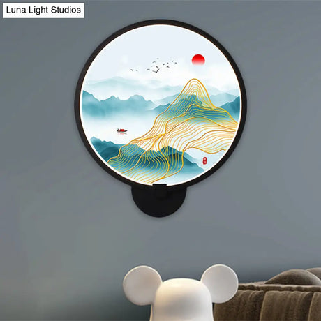 Chinese Metal Led Wall Lamp With Circular Natural View - Black Mural Light For Bedroom