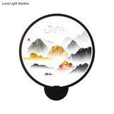Chinese Metal Led Wall Lamp With Circular Natural View - Black Mural Light For Bedroom