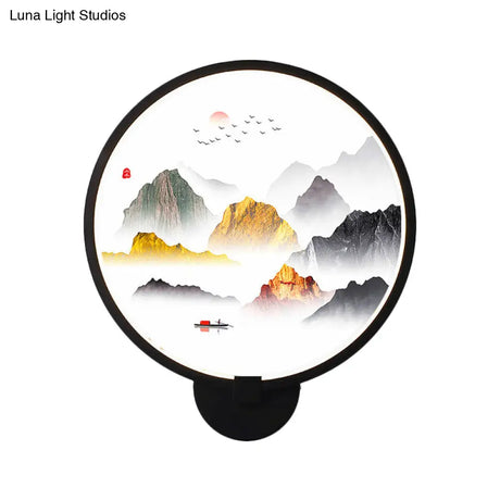 Chinese Metal Led Wall Lamp With Circular Natural View - Black Mural Light For Bedroom