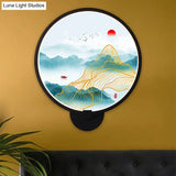 Chinese Metal Led Wall Lamp With Circular Natural View - Black Mural Light For Bedroom