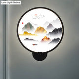 Chinese Metal Led Wall Lamp With Circular Natural View - Black Mural Light For Bedroom